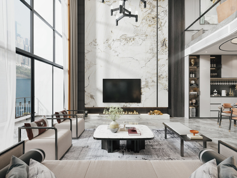  新中式别墅客餐厅3d模型 