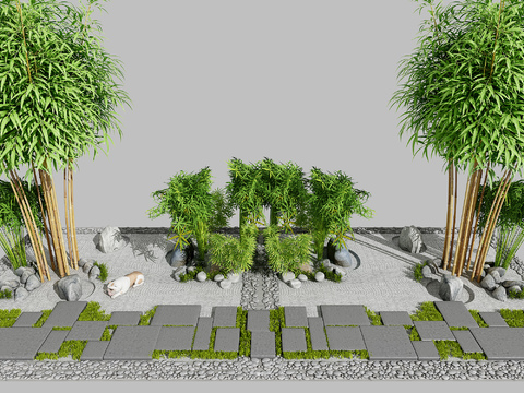  新中式竹子石头景观3d模型 