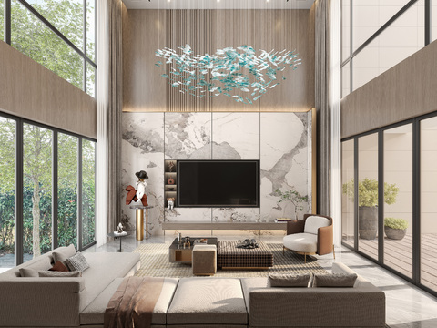  现代挑空别墅客厅3d模型 