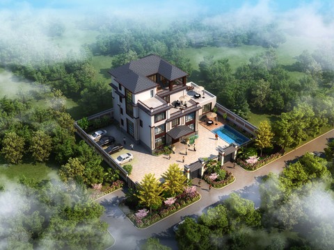  新中式别墅鸟瞰3d模型 