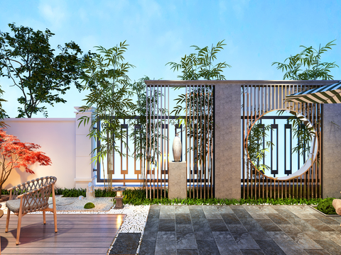  新中式露台花园夜景3d模型 