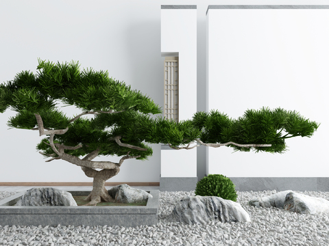  新中式松树石头小品3d模型 