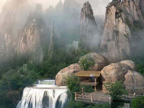  现代山间瀑布廊桥景观psd 