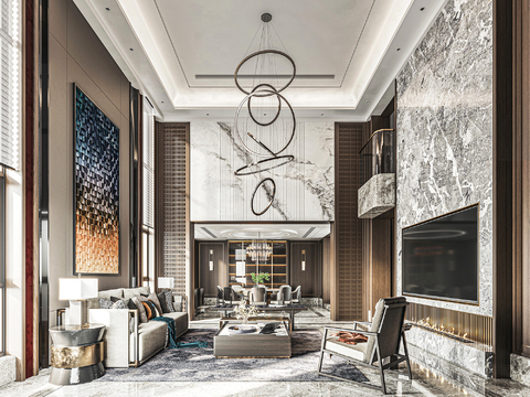  新中式别墅客厅餐厅3d模型 