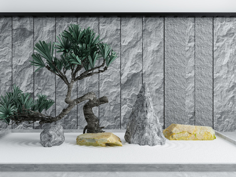  新中式假山松树景观小品3d模型 