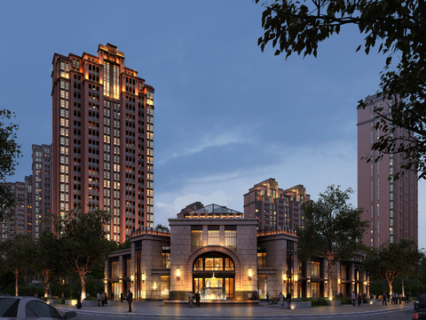  现代商业楼建筑外观夜景psd 