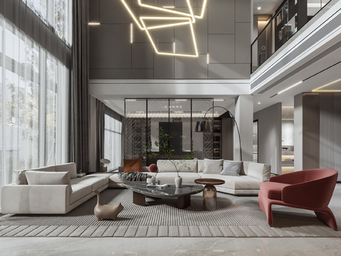  现代挑空别墅客厅3d模型 