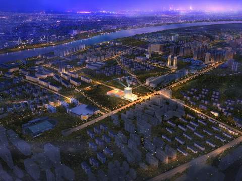  现代建筑外观鸟瞰夜景景观psd 