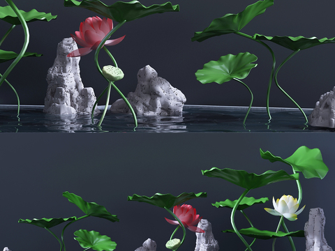  现代池塘荷花假山组合3d模型 