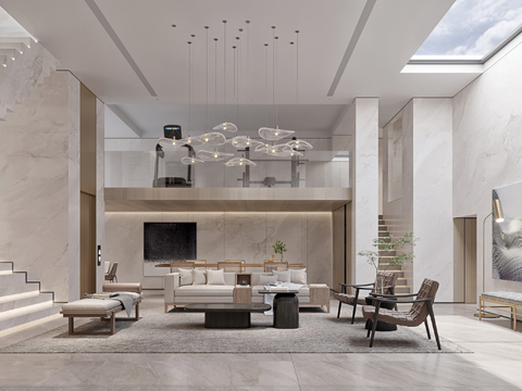  现代别墅大堂餐厅3D模型 