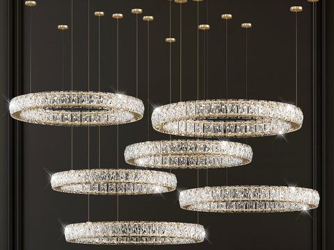  现代轻奢水晶吊灯3d模型下载 多层金属环装饰 豪华客厅灯具  