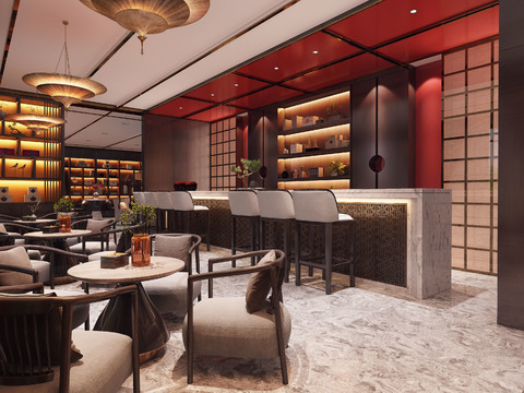  新中式酒店大堂吧3d模型 