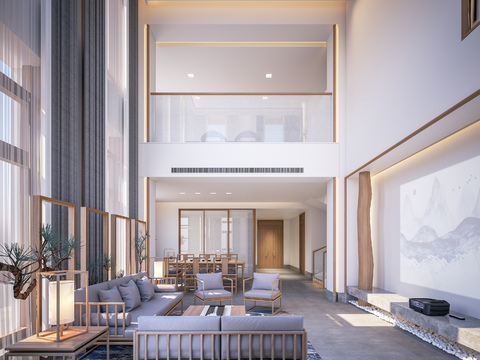  新中式轻奢别墅大堂餐厅3d模型 