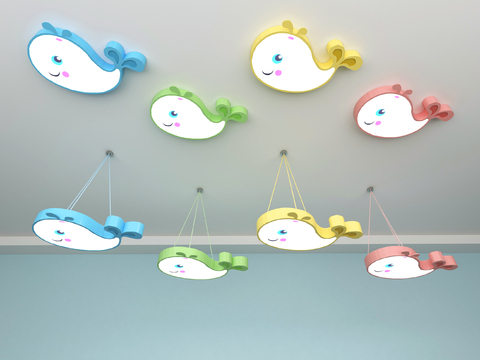  儿童房卡通鲸鱼吊灯3d模型下载 现代吸顶灯 家庭卧室装饰灯具 