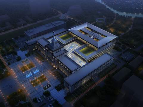  现代办公楼外观夜景鸟瞰psd 