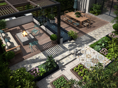  新中式庭院花园鸟瞰3d模型 