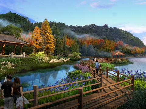  中式公园廊桥园林psd 