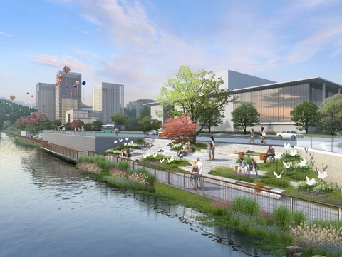  现代湖边公园园林景观psd 