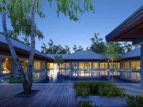  中式民宿酒店室外水池景观3d模型 