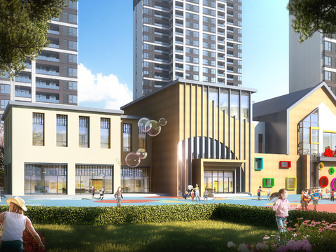  现代幼儿园建筑外观psd 