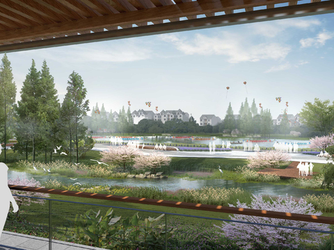  现代廊桥公园园林psd 