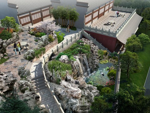  现代公园假山水园林鸟瞰psd 