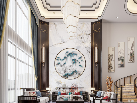  新中式别墅大堂3d模型 