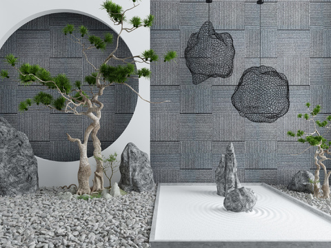  新中式枯山水松树假山小品3d模型 