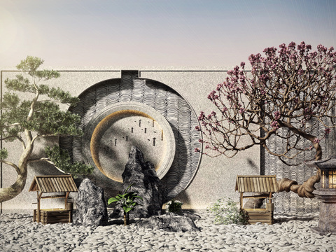  新中式山石瓦片墙景观小品3d模型 