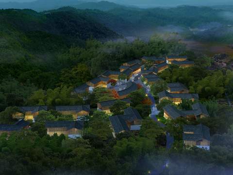  新中式园林鸟瞰景观psd 