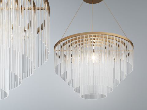  现代简约金属水晶吊灯3d模型下载 透明玻璃金色框架客厅装饰吊灯 对称空间设计吸顶灯 