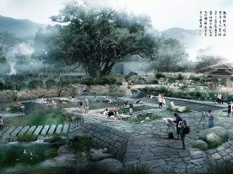  新中式湖景美丽乡村psd 