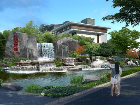  现代公园假山石流水psd 