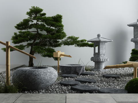  新中式松树竹子流水景观小品3d模型 