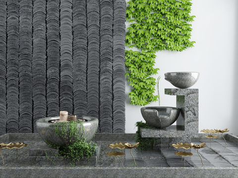  新中式庭院水景园艺小品3d模型 