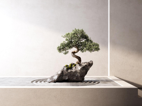  新中式假山松树小品3d模型 