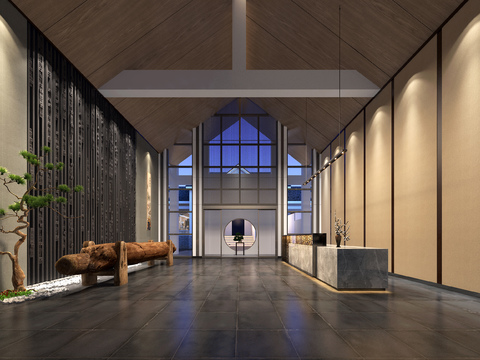 新中式会所前台大堂3d模型 