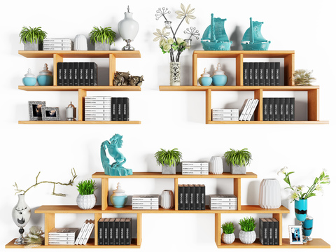  北欧风分层书架装饰3d模型下载 自然艺术相框绿植现代简约家居设计 