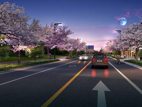  现代桃花树道路桥梁psd 