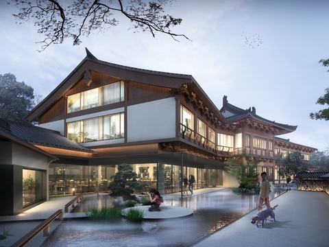  新中式会所酒店夜景psd 