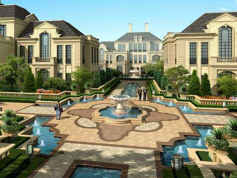  现代小区别墅庭院花园景观psd 