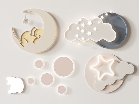  儿童房云朵月亮星星壁灯3d模型下载 夜空梦境天体装饰灯简约现代设计 