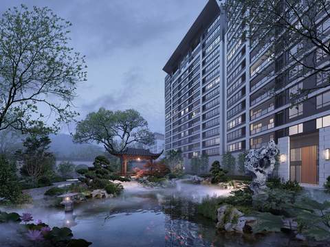  新中式假山庭院园林景观psd 