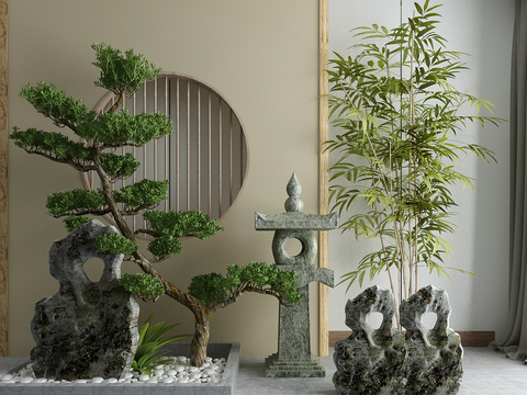  新中式松树竹子石头景观小品3d模型 