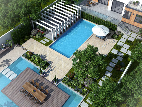  现代别墅庭院泳池3d模型 