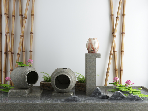  新中式庭院石池水景小品3d模型 