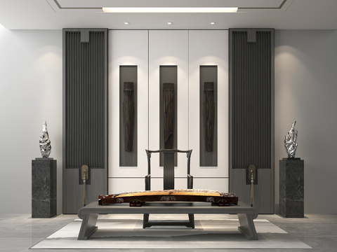  新中式古筝琵琶桌椅3d模型 