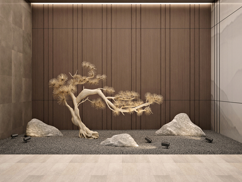  新中式室内枯树石头景观小品3d模型 