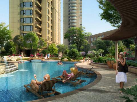  现代小区游泳池景观psd 