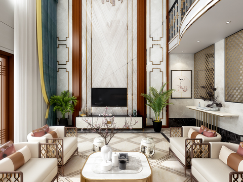  新中式别墅客厅餐厅3D模型 